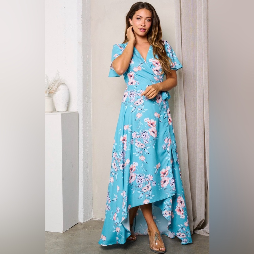 Blue Floral Wrap High Low Midi Dress Flutter Sleeve Boutique